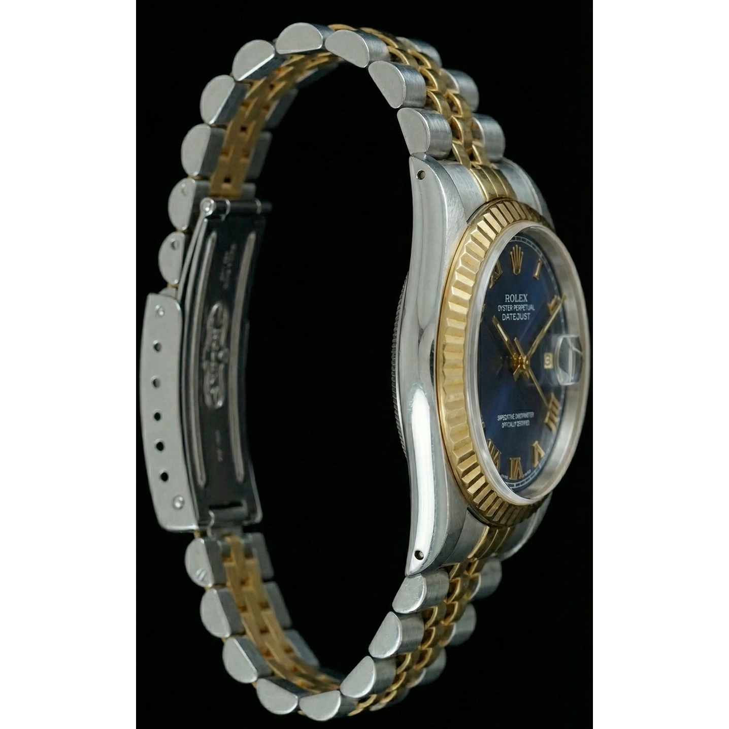 Zweifarbige, geriffelte Lünette, Datejust-Damenuhr, blaues römisches Zifferblatt, Rolex