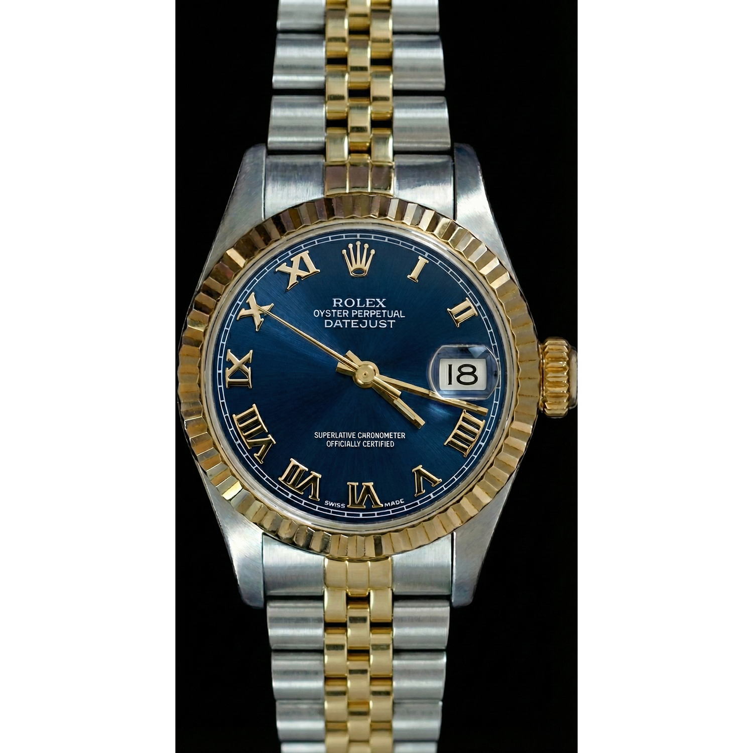 Zweifarbige, geriffelte Lünette, Datejust-Damenuhr, blaues römisches Zifferblatt, Rolex