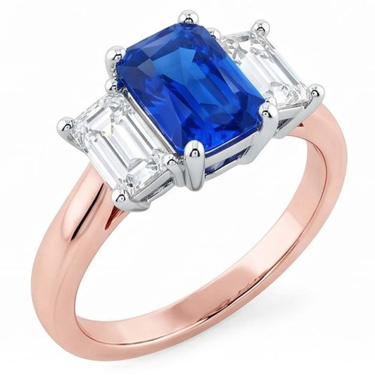 Zweifarbiger 3 Stein Natürlicher Diamant ( nicht im Labor gezüchtet ) Radiant Saphir Edelstein Ring 1,50 Karat