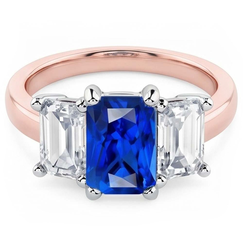 Zweifarbiger 3 Stein Natürlicher Diamant ( nicht im Labor gezüchtet ) Radiant Saphir Edelstein Ring 1,50 Karat