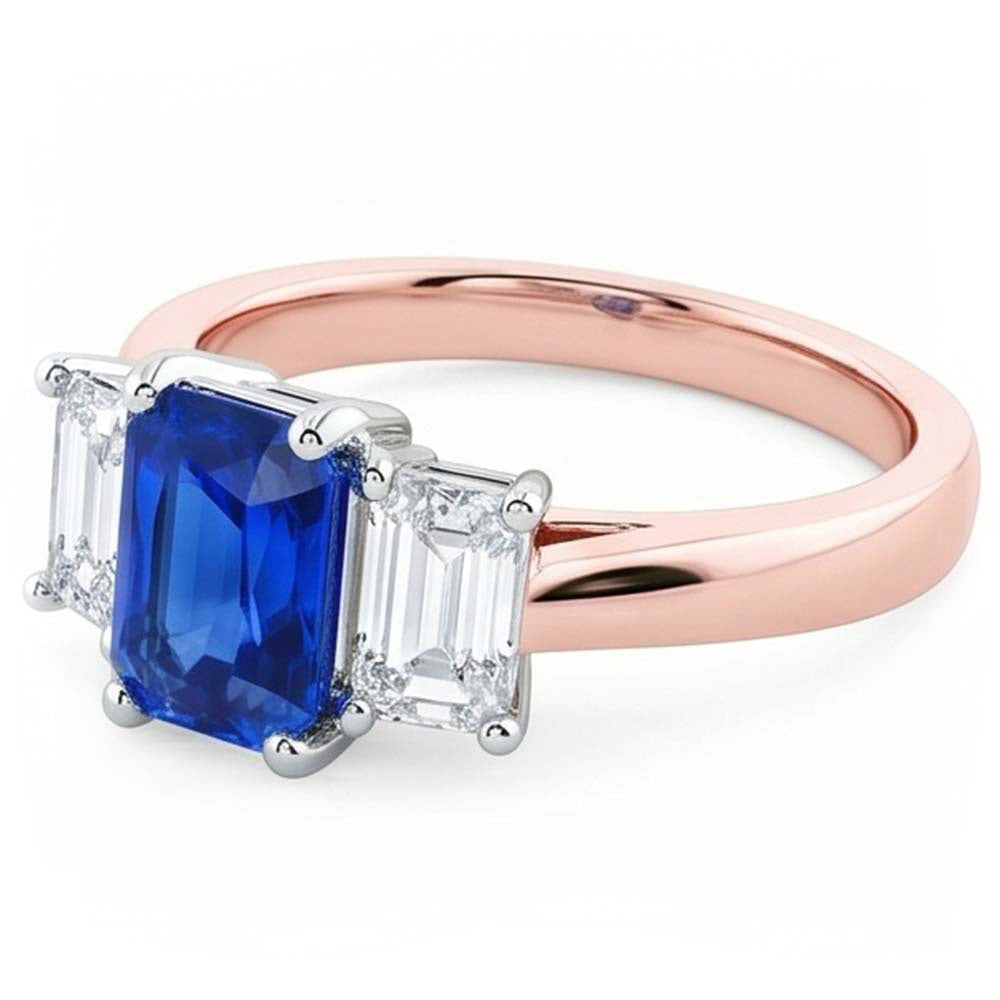 Zweifarbiger 3 Stein Natürlicher Diamant ( nicht im Labor gezüchtet ) Radiant Saphir Edelstein Ring 1,50 Karat