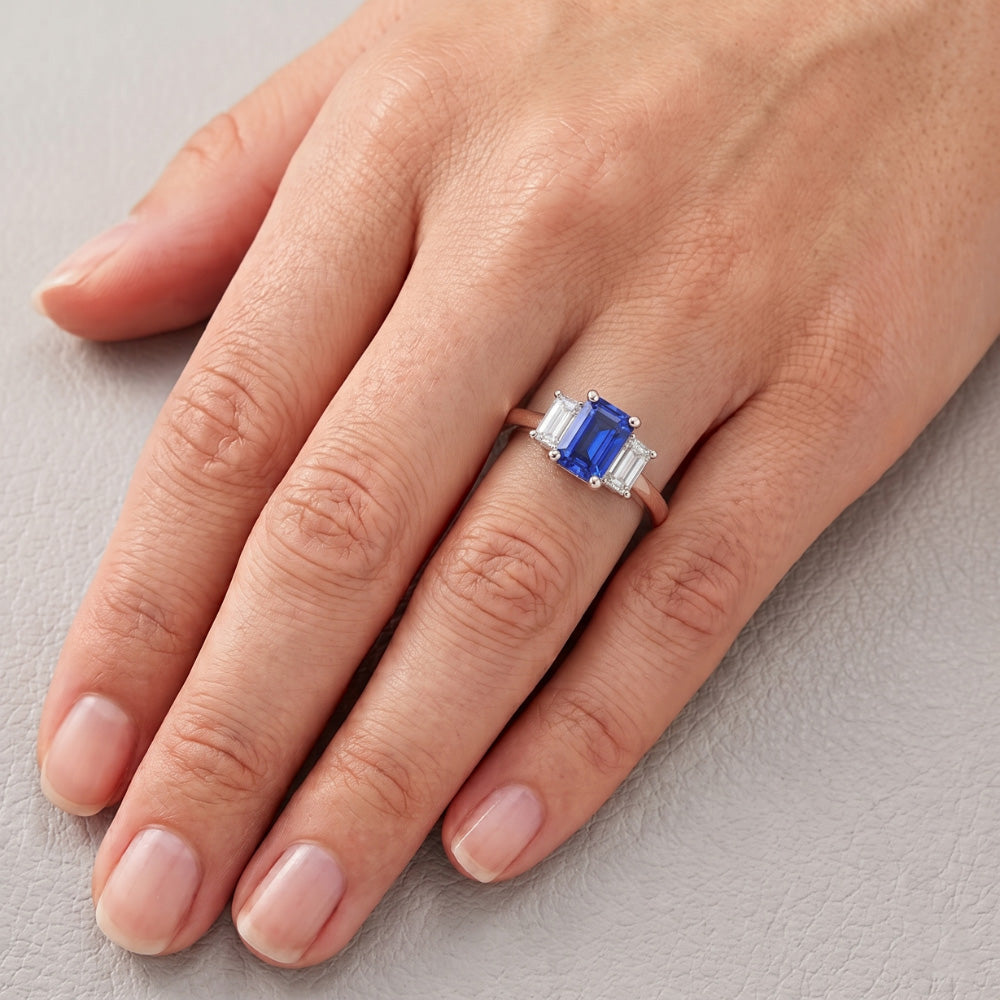 Zweifarbiger 3 Stein Natürlicher Diamant ( nicht im Labor gezüchtet ) Radiant Saphir Edelstein Ring 1,50 Karat