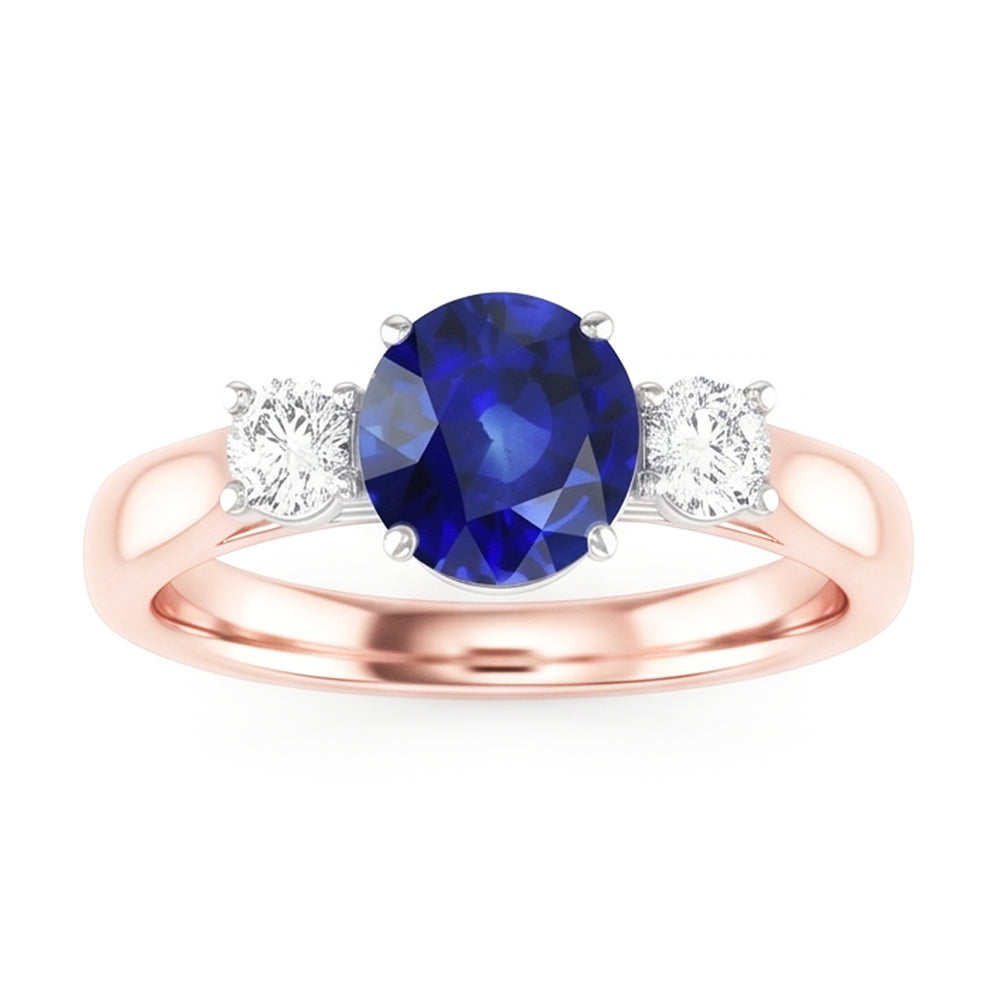 Zweifarbiger Gold 3 Steine Ehering Rund Ceylon Saphir 2 Karat