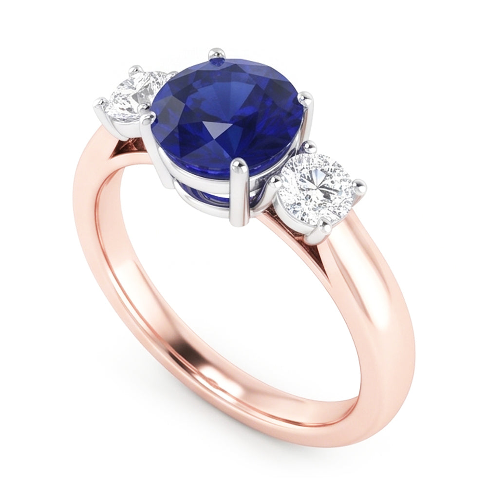 Zweifarbiger Gold 3 Steine Ehering Rund Ceylon Saphir 2 Karat