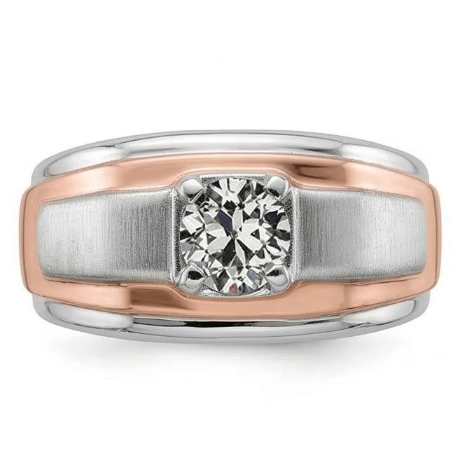 Zweifarbiger Solitär-Ring mit rundem Altschliff-Echt Natürlicher Diamant ( nicht im Labor gezüchtet )-Krapfen-Set 1 Karat