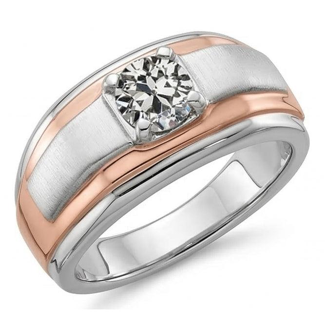 Zweifarbiger Solitär-Ring mit rundem Altschliff-Echt Natürlicher Diamant ( nicht im Labor gezüchtet )-Krapfen-Set 1 Karat