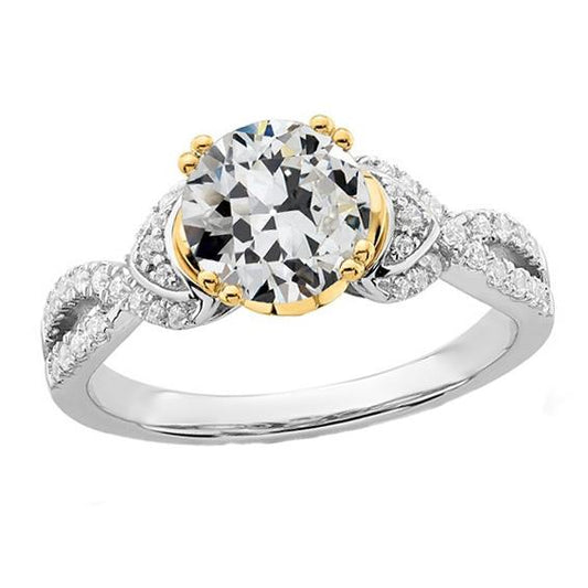 Zweifarbiger alter Minenschliff Echt Diamantring mit geteiltem Schaft 4.50 Karat 14K Gold