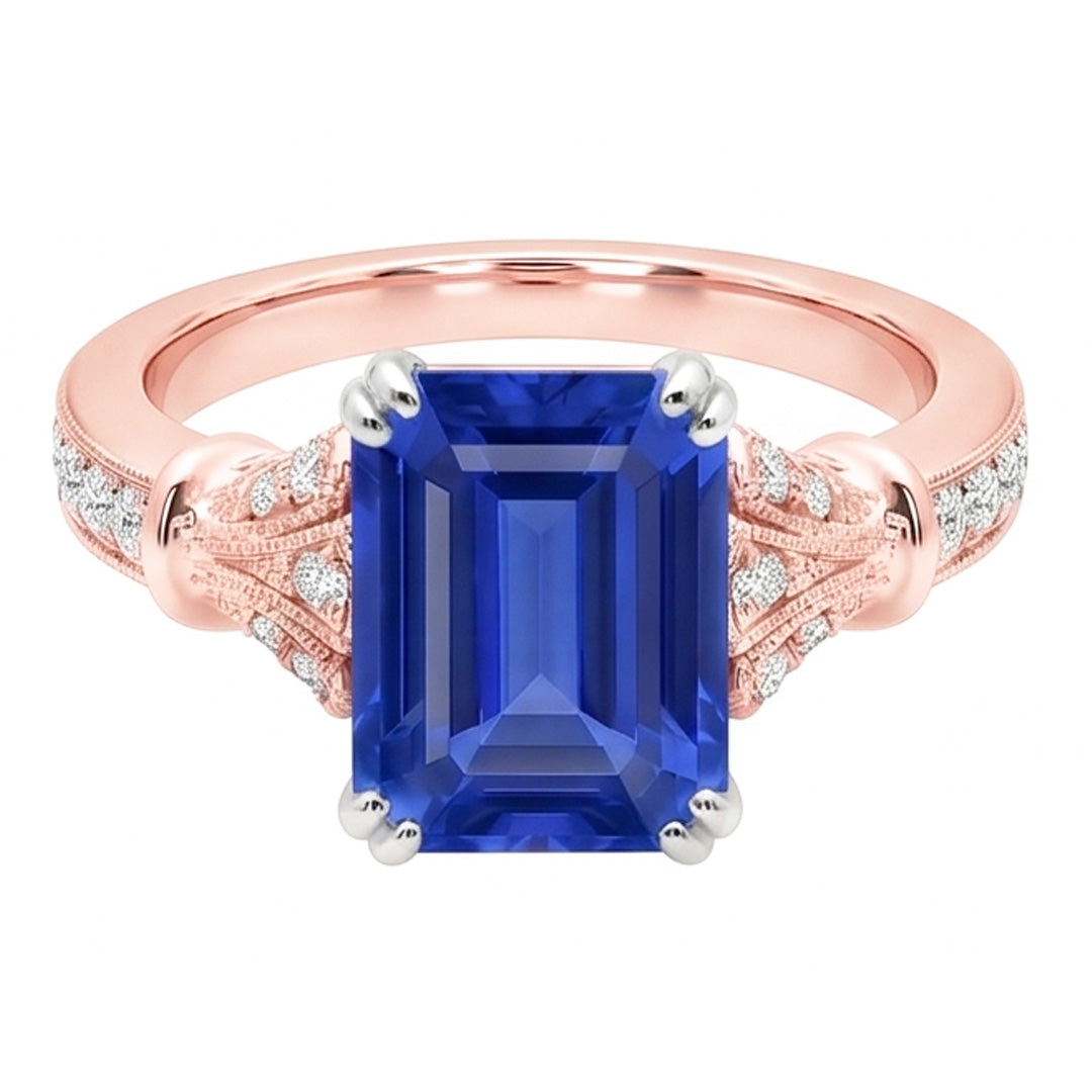 Zweifarbiger runder Natürlicher Diamant ( nicht im Labor gezüchtet )-Vintage-Stil Saphir-Verlobungsring 3 Karat