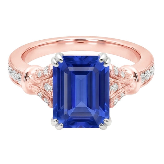 Zweifarbiger runder Natürlicher Diamant ( nicht im Labor gezüchtet )-Vintage-Stil Saphir-Verlobungsring 3 Karat