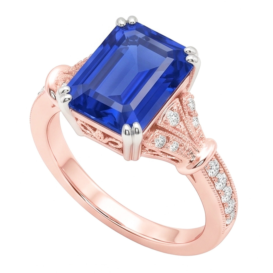 Zweifarbiger runder Natürlicher Diamant ( nicht im Labor gezüchtet )-Vintage-Stil Saphir-Verlobungsring 3 Karat