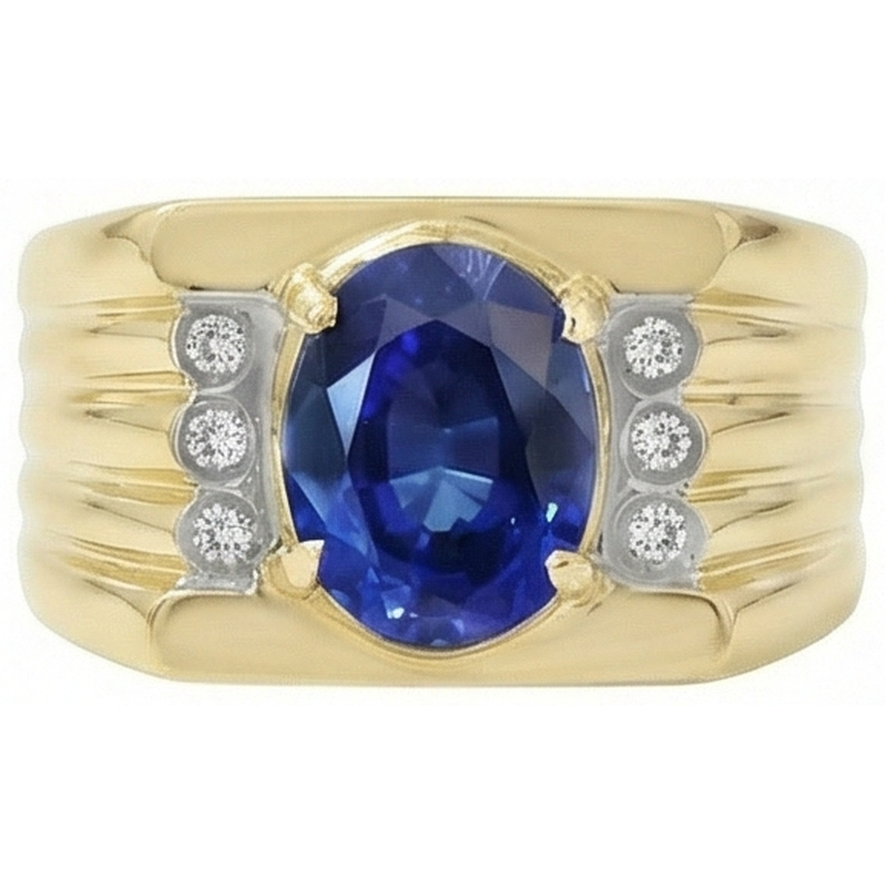 Zweifarbiges Gold 14K Ovaler Saphir & Runder Aus der Erde Abgebauter Natürlicher Diamant Ring 2.31 ct.