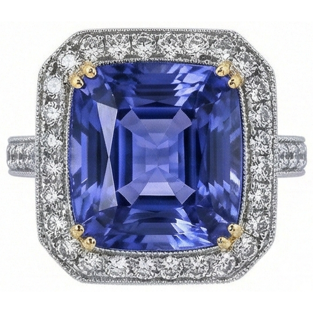 Zweifarbiges Gold Kissen Tansanit Aus der Erde Abgebauter Natürlicher Diamanten 4,25 Karat Ring Vintage Style