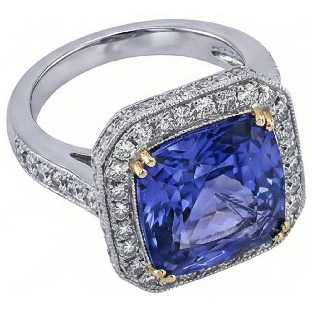 Zweifarbiges Gold Kissen Tansanit Aus der Erde Abgebauter Natürlicher Diamanten 4,25 Karat Ring Vintage Style