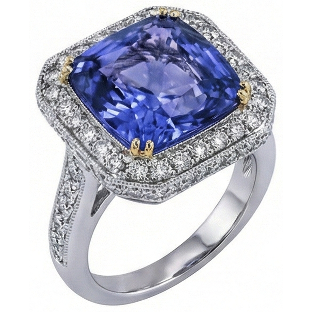 Zweifarbiges Gold Kissen Tansanit Aus der Erde Abgebauter Natürlicher Diamanten 4,25 Karat Ring Vintage Style