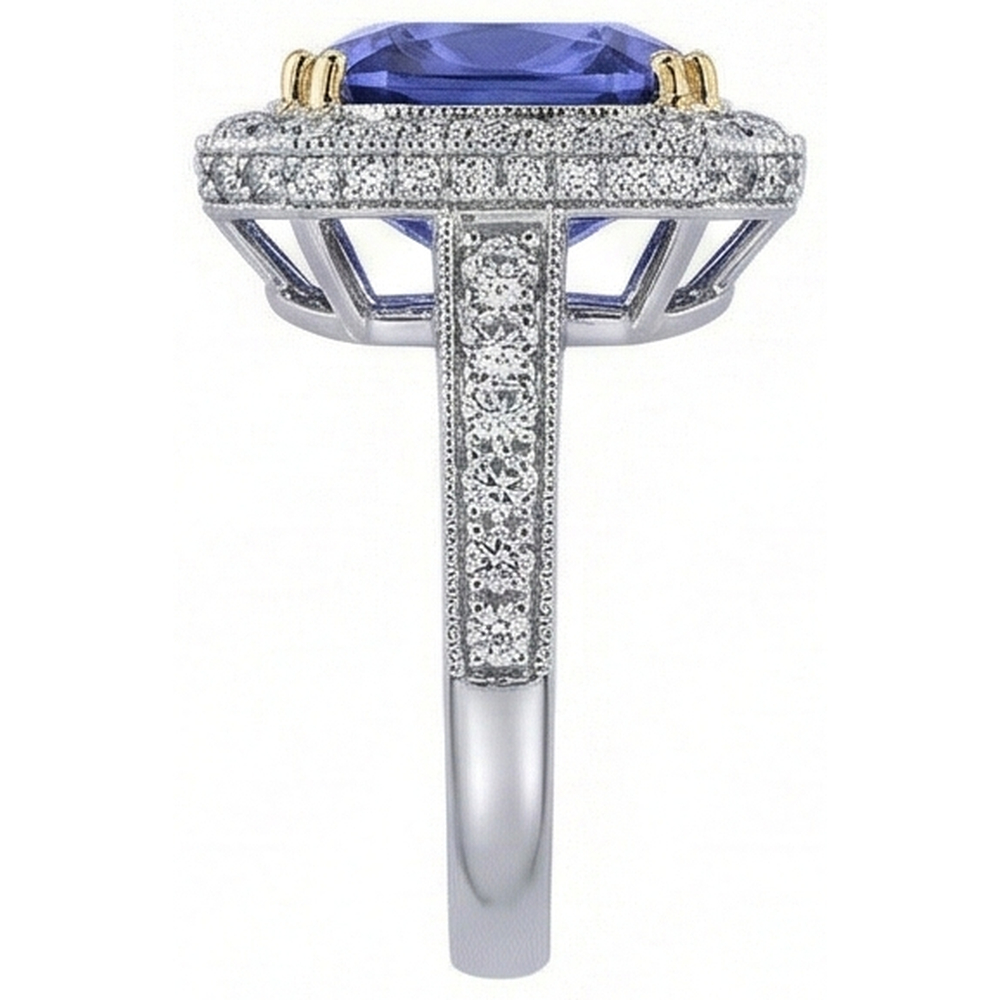 Zweifarbiges Gold Kissen Tansanit Aus der Erde Abgebauter Natürlicher Diamanten 4,25 Karat Ring Vintage Style