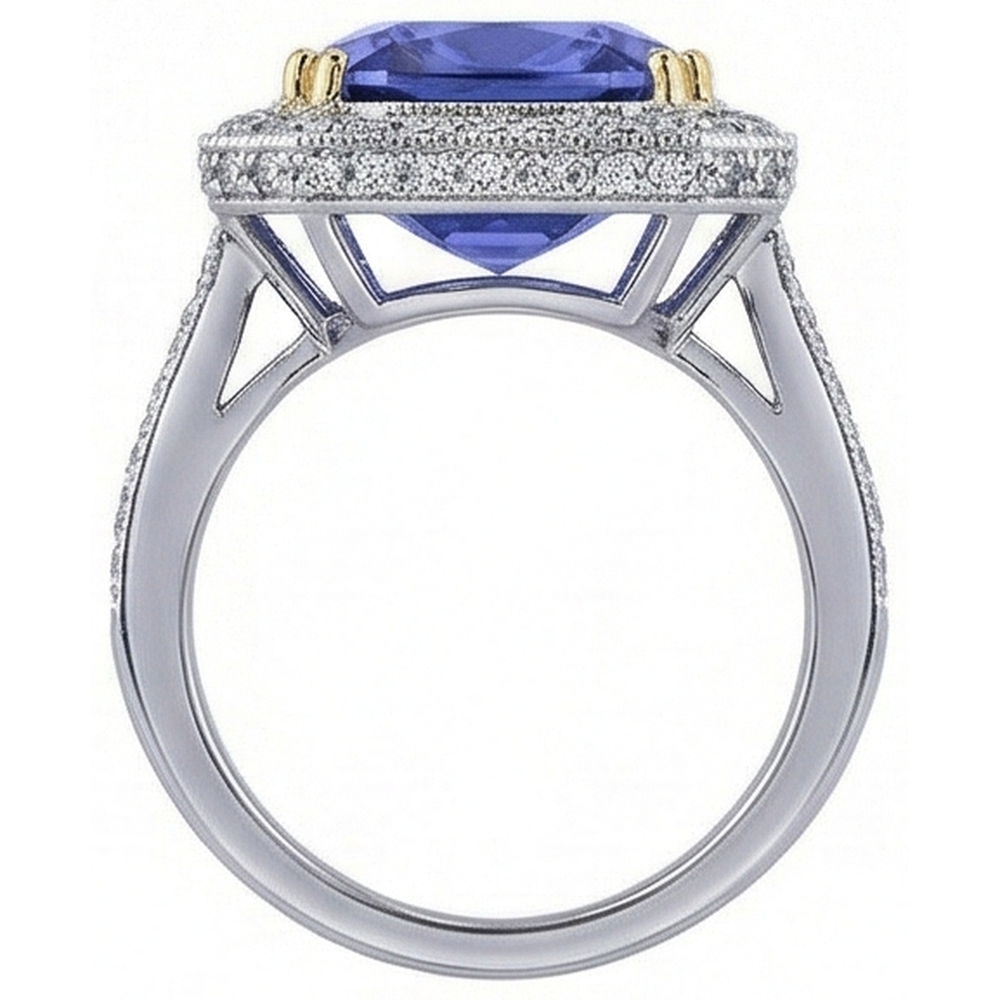 Zweifarbiges Gold Kissen Tansanit Aus der Erde Abgebauter Natürlicher Diamanten 4,25 Karat Ring Vintage Style