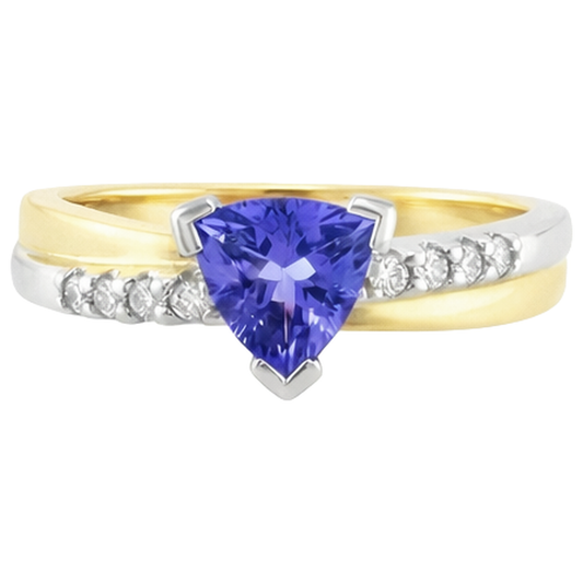 Zweifarbiges Gold Trillion AAA Tansanit & Runde Aus der Erde Abgebauter Natürlicher Diamanten Ring 2,60 Karat