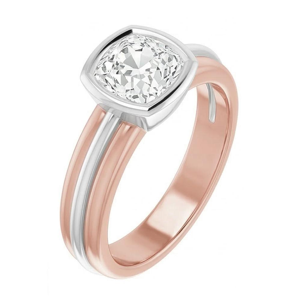 Zweifarbiges Solitär-Ringkissen mit Altschliff-Echt Natürlicher Diamant ( nicht im Labor gezüchtet )-Lünetten-Set 2.20 Karat