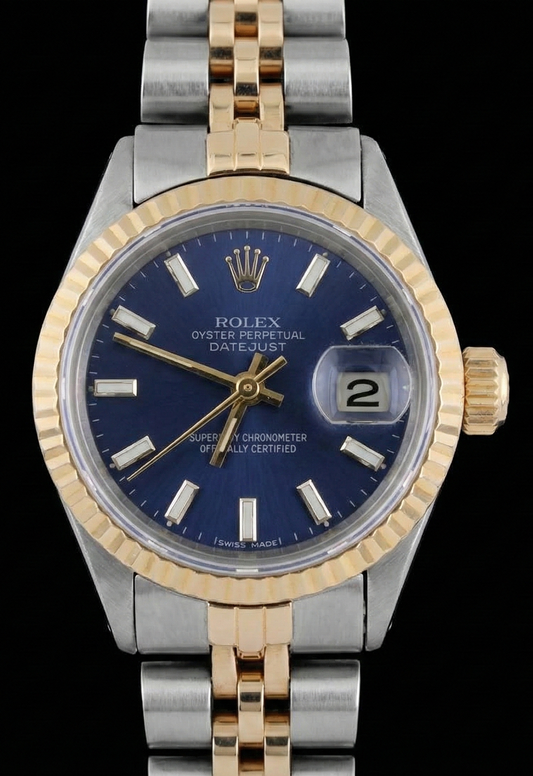 Zweifarbiges Jubilee-Armband, Rolex Date just-Uhr, schwarzes, geriffeltes Zifferblatt