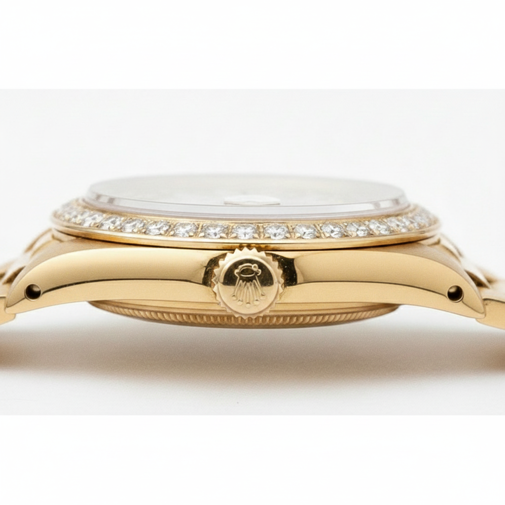 Zweireihiges Diamant-Zifferblatt im Rolex-Präsidenten-Stil mit Lünette und Gold-Datejust