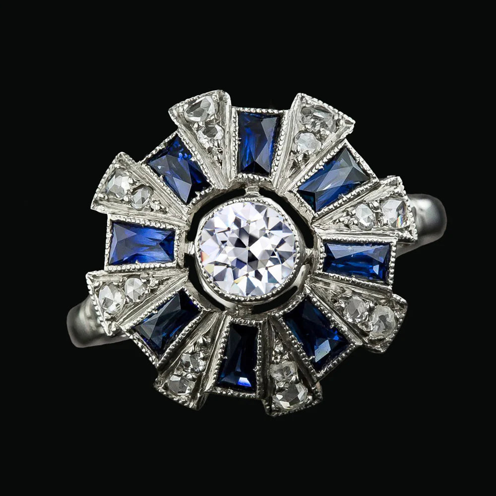 alter Bergmann Runder Echt Diamant Baguette Blauer Saphir Halo Ring 3,75 Karat