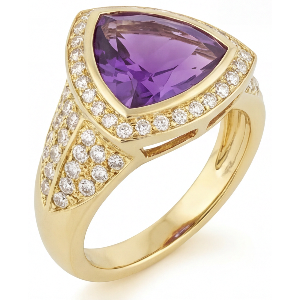 Erdgewonnener Amethyst Farbstein-Ring 8 Karat 14K Gelbgold – Frontansicht