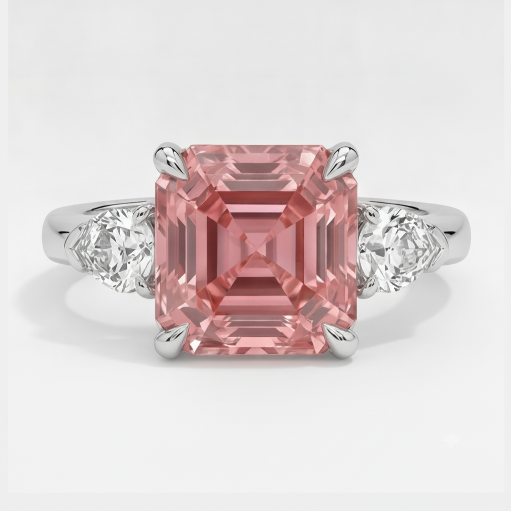 Padparadscha-Saphir-Ring 3,6 Karat Echter Asscher-Schliff und weiße Trillanten Dreistein Platin