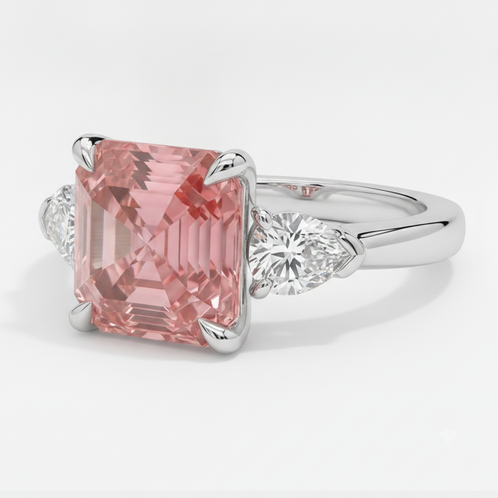 Padparadscha-Saphir-Dreisteinring 3,6 Karat Echter Asscher-Schliff und weiße Trillanten Platin