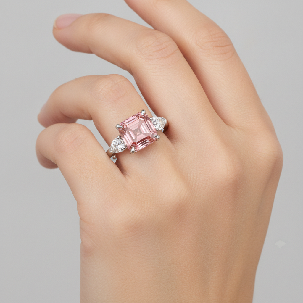 Padparadscha-Saphir-Dreisteinring 3,6 Karat Echter Asscher-Schliff und weiße Trillanten Platin