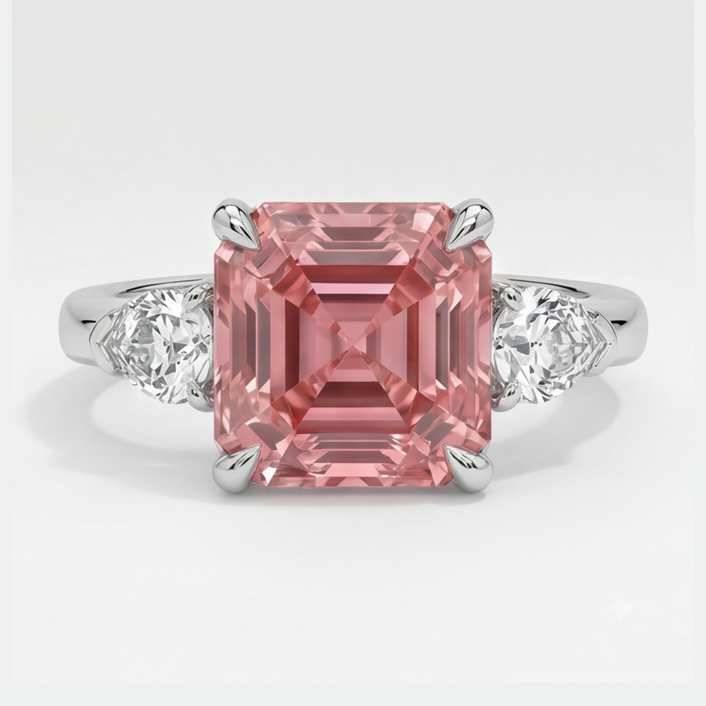 Padparadscha-Saphir-Ring 3,6 Karat Echter Asscher-Schliff und weiße Trillanten Dreistein Platin