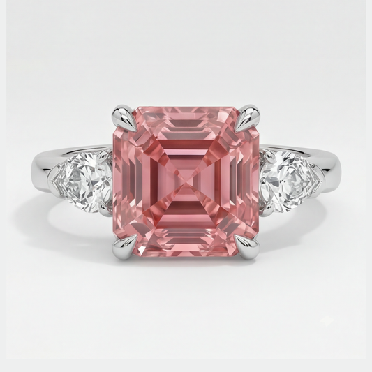 Padparadscha-Saphir-Ring 3,6 Karat Echter Asscher-Schliff und weiße Trillanten Dreistein Platin