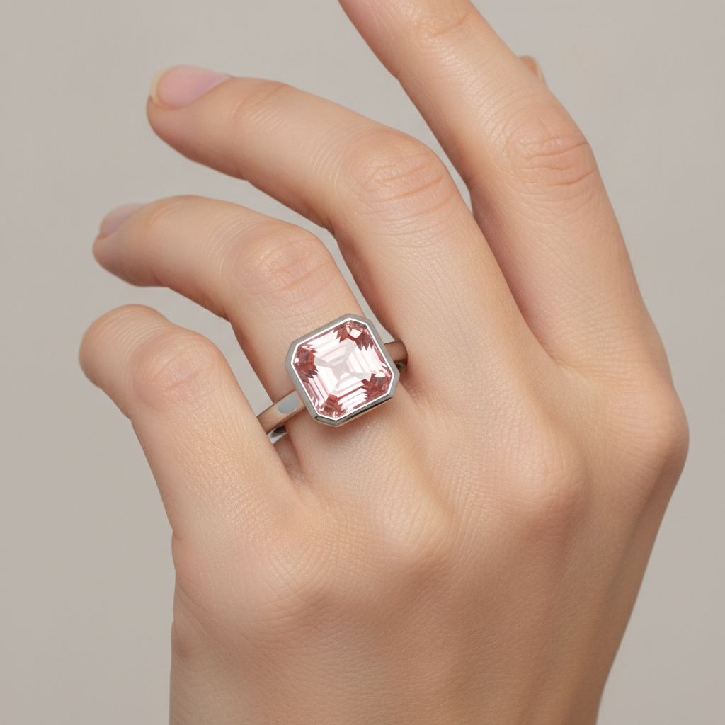 Solitärring aus Platin mit echtem pfirsichfarbenem Padparadscha-Saphir, 3 Karat, Asscher-Schliff, Lünette