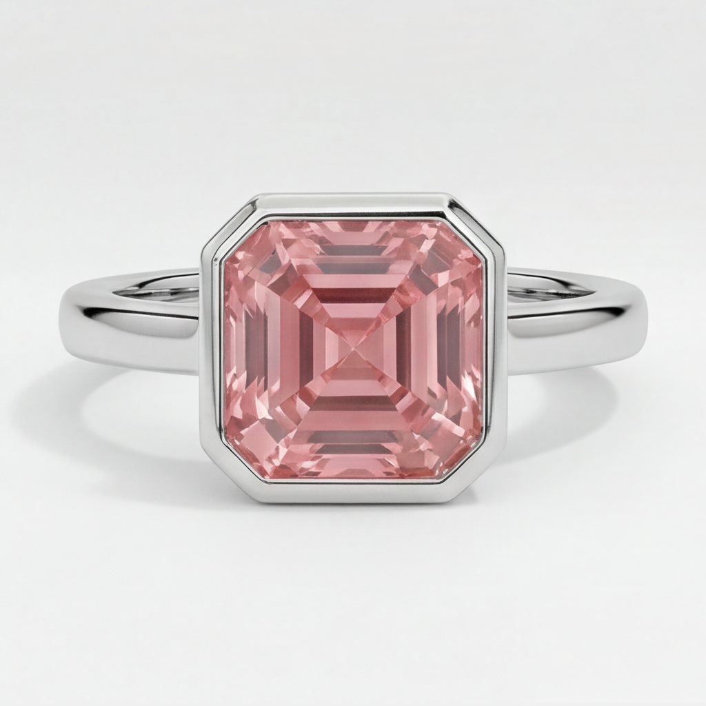 Solitärring aus Platin mit echtem pfirsichfarbenem Padparadscha-Saphir, 3 Karat, Asscher-Schliff, Lünette