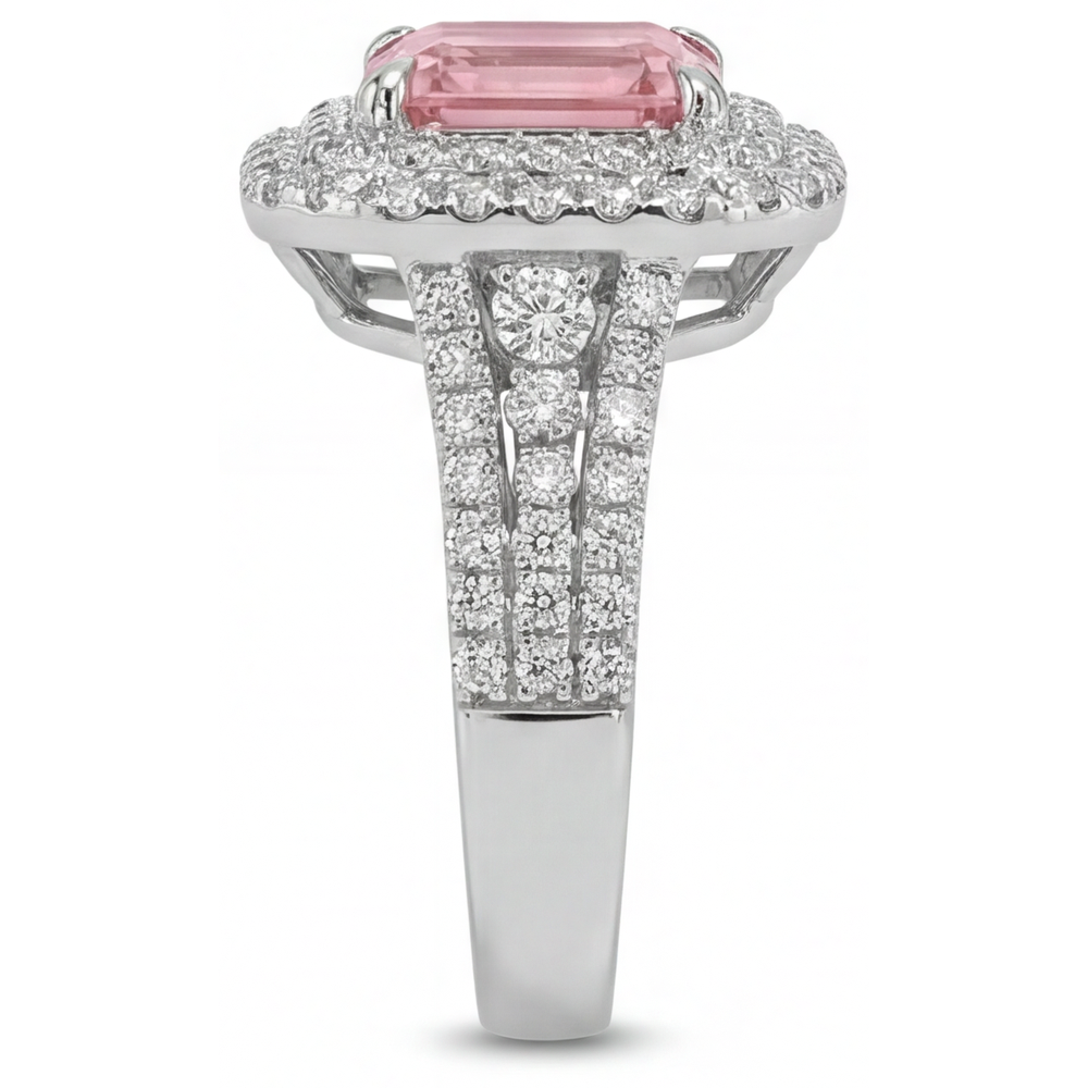 Doppel-Halo-Ring aus 14 Karat Weißgold mit im Labor gezüchtetem pfirsichfarbenem Padparadscha-Saphir im Asscher-Schliff, 4,5 Karat