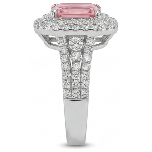 Doppel-Halo-Ring aus 14 Karat Weißgold mit im Labor gezüchtetem pfirsichfarbenem Padparadscha-Saphir im Asscher-Schliff, 4,5 Karat