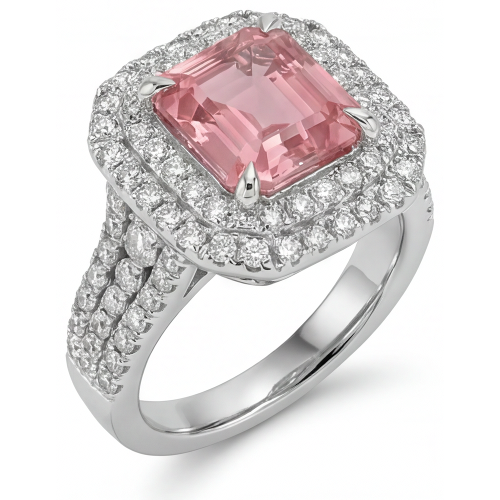Doppel-Halo-Ring aus 14 Karat Weißgold mit im Labor gezüchtetem pfirsichfarbenem Padparadscha-Saphir im Asscher-Schliff, 4,5 Karat