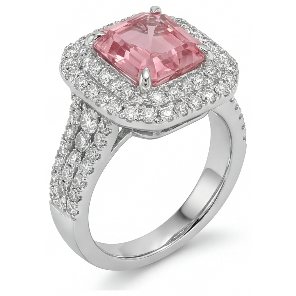 Doppel-Halo-Ring aus 14 Karat Weißgold mit im Labor gezüchtetem pfirsichfarbenem Padparadscha-Saphir im Asscher-Schliff, 4,5 Karat