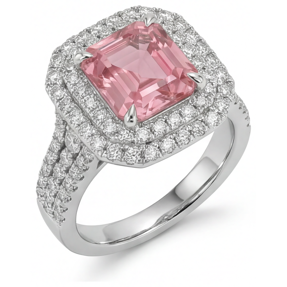 Pfirsichfarbener Padparadscha-Saphir, 4,5 Karat, im Labor gezüchtet, Asscher-Schliff, Doppel-Halo-Ring, 14 Karat Weißgold