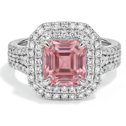 Pfirsichfarbener Padparadscha-Saphir, 4,5 Karat, im Labor gezüchtet, Asscher-Schliff, Doppel-Halo-Ring, 14 Karat Weißgold
