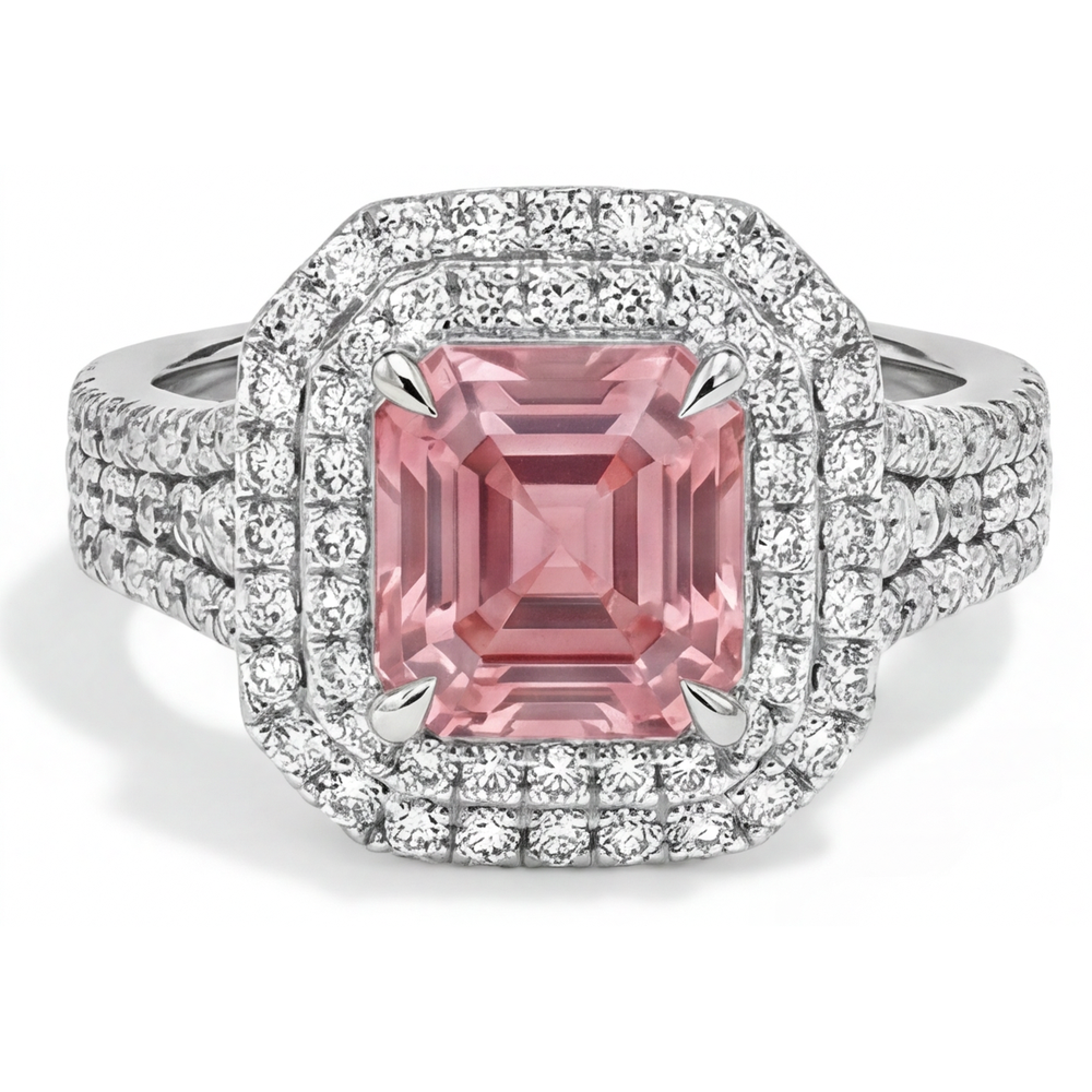 Pfirsichfarbener Padparadscha-Saphir, 4,5 Karat, im Labor gezüchtet, Asscher-Schliff, Doppel-Halo-Ring, 14 Karat Weißgold