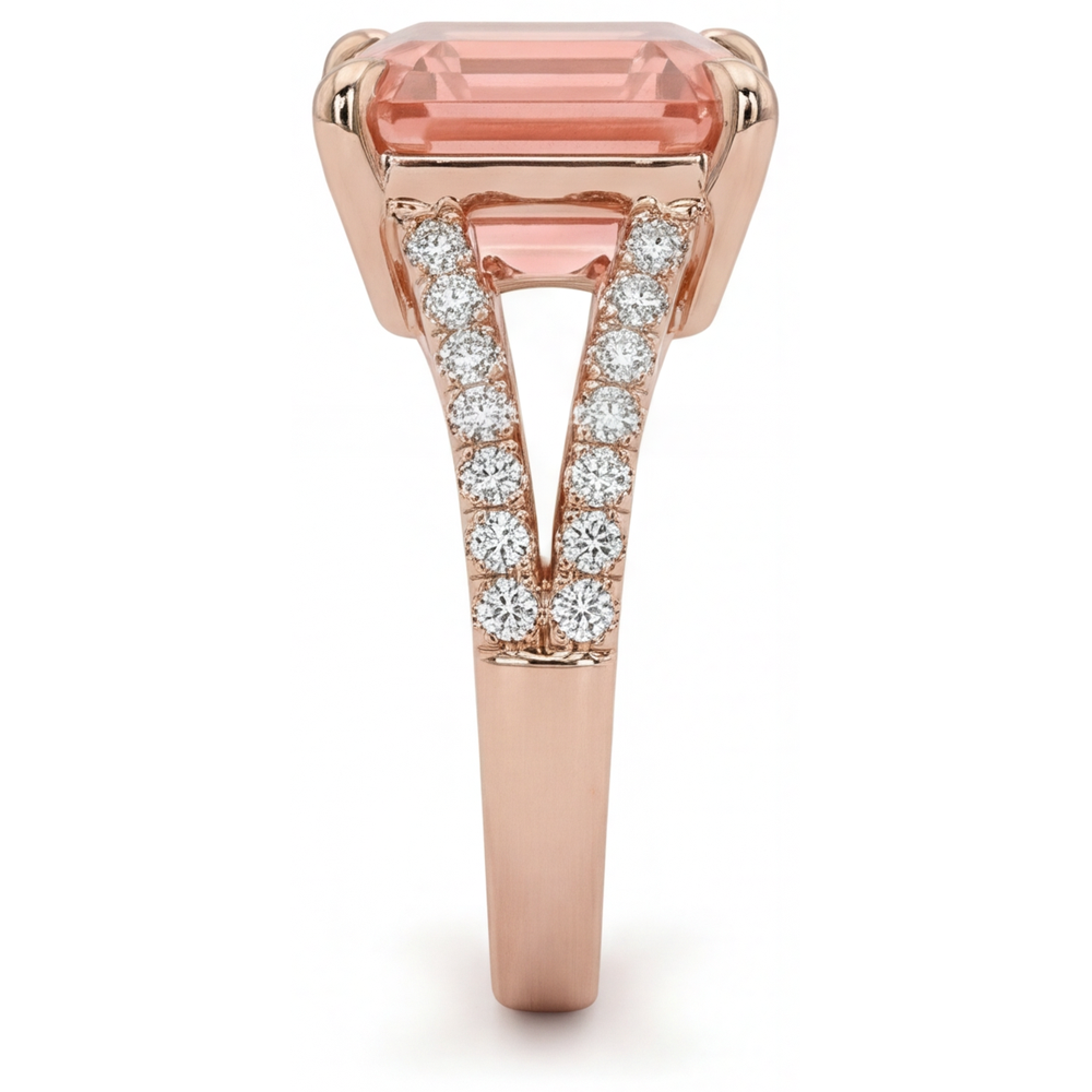 Padparadscha-Saphir-Ring, 4,3 Karat, im Labor gezüchtet, Asscher-Schliff, Pavé, 14 Karat Roségold