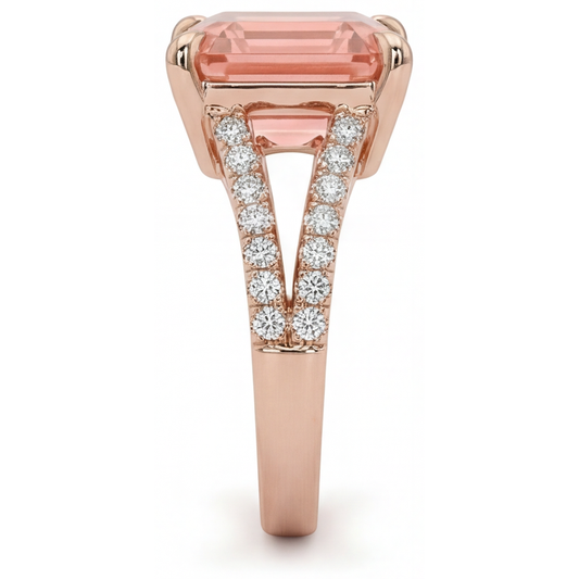 Padparadscha-Saphir-Ring, 4,3 Karat, im Labor gezüchtet, Asscher-Schliff, Pavé, 14 Karat Roségold