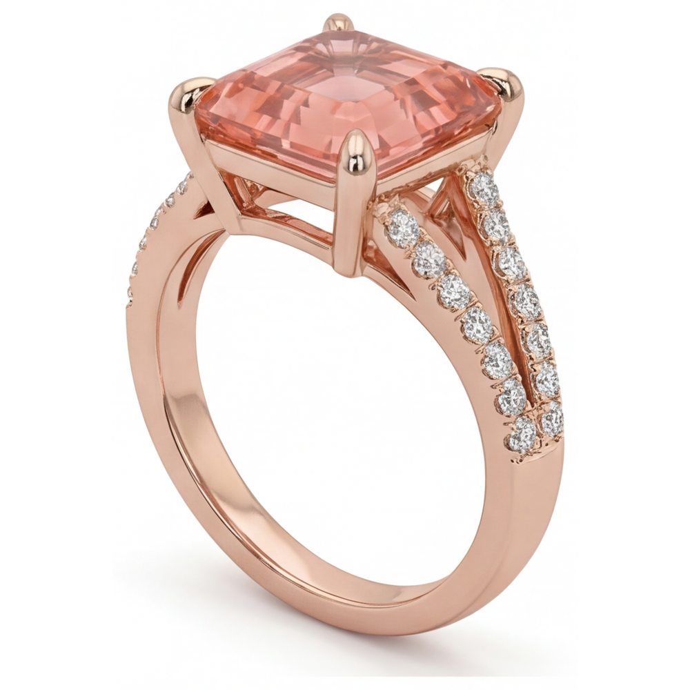 Padparadscha-Saphir-Ring, 4,3 Karat, im Labor gezüchtet, Asscher-Schliff, Pavé, 14 Karat Roségold