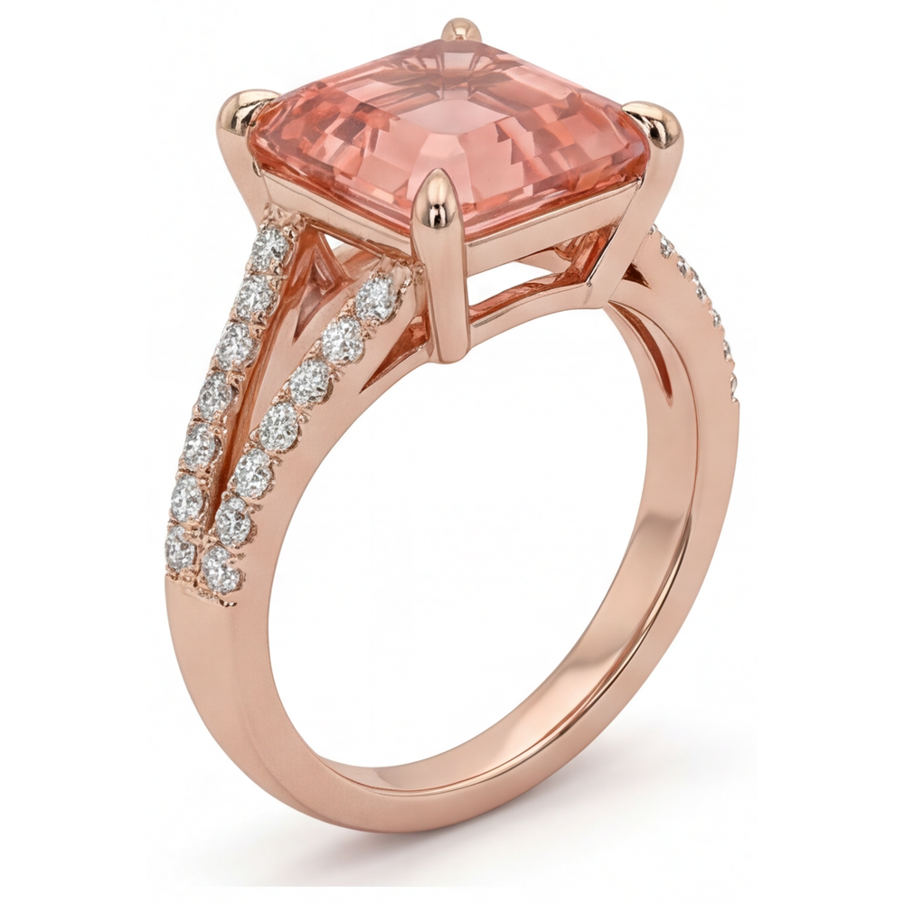 Padparadscha-Saphir-Ring, 4,3 Karat, im Labor gezüchtet, Asscher-Schliff, Pavé, 14 Karat Roségold