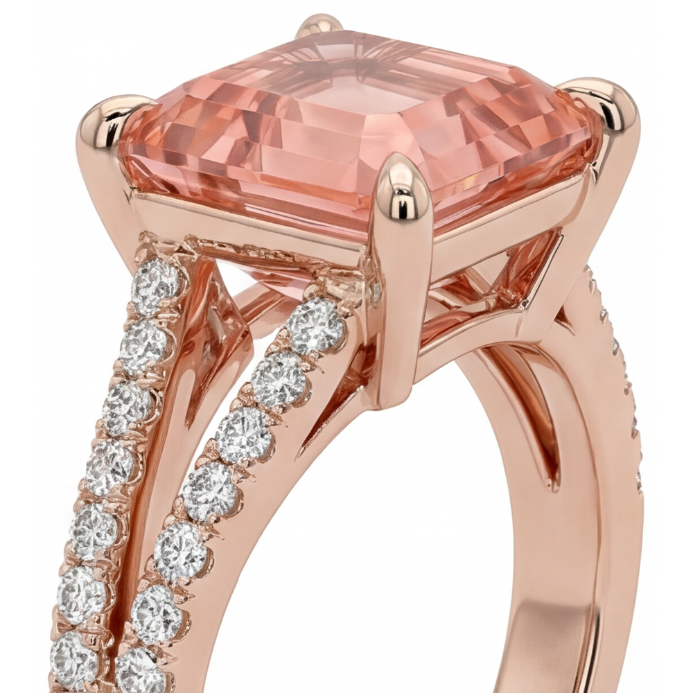 Padparadscha-Saphir-Ring, 4,3 Karat, im Labor gezüchtet, Asscher-Schliff, Pavé, 14 Karat Roségold