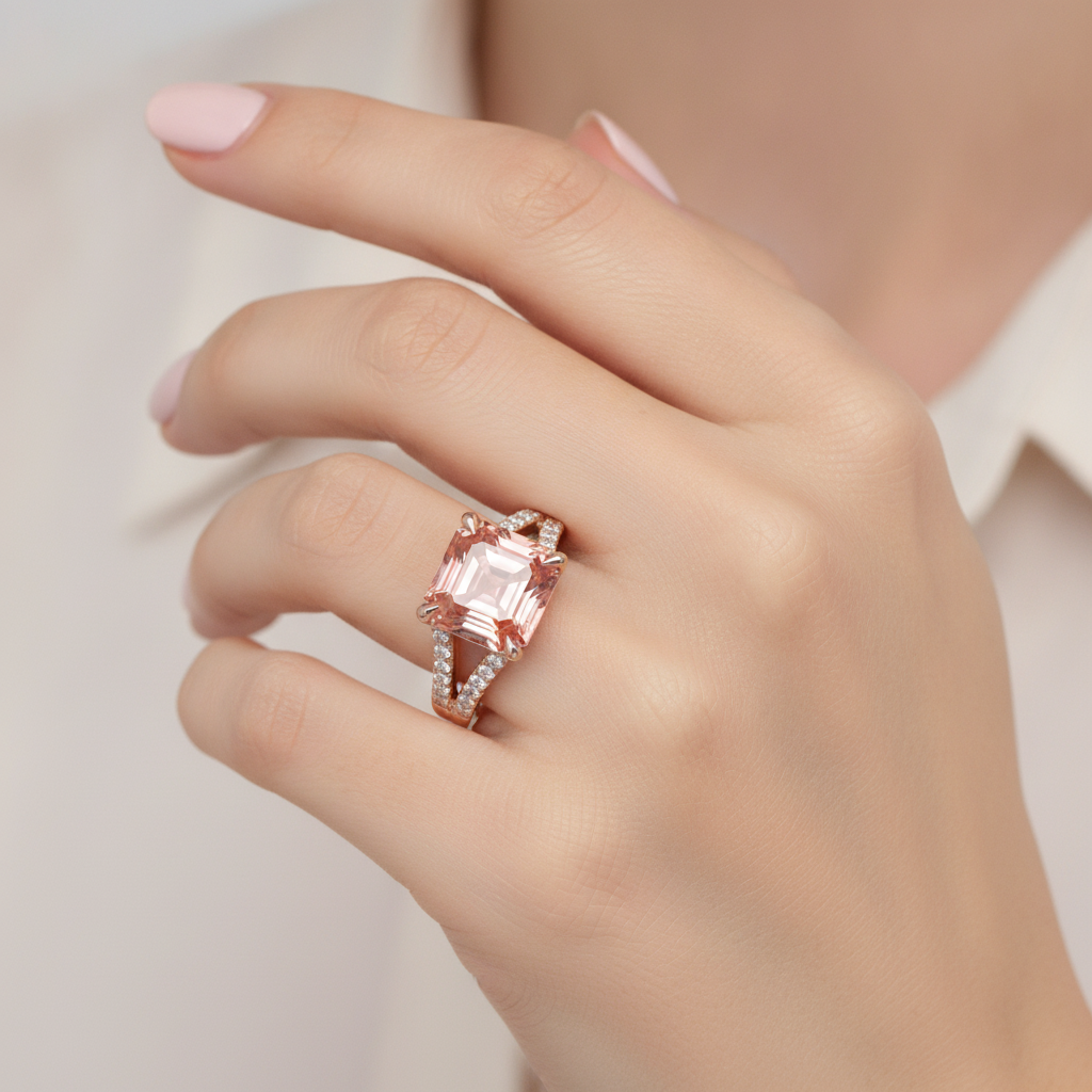 Padparadscha-Saphir-Ring, 4,3 Karat, im Labor gezüchtet, Asscher-Schliff, Pavé, 14 Karat Roségold