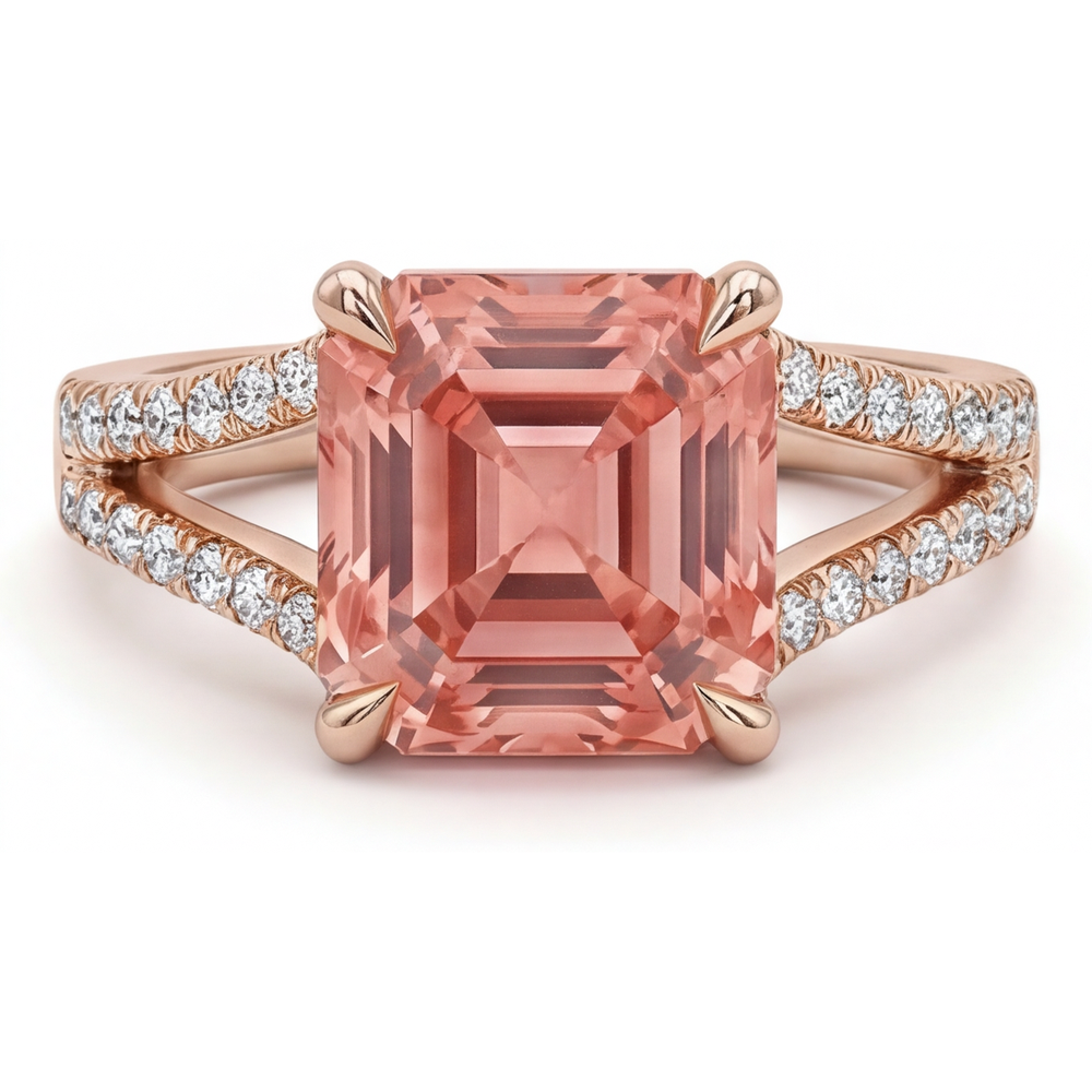Padparadscha-Saphir-Ring, 4,3 Karat, im Labor gezüchtet, Asscher-Schliff, Pavé, 14 Karat Roségold