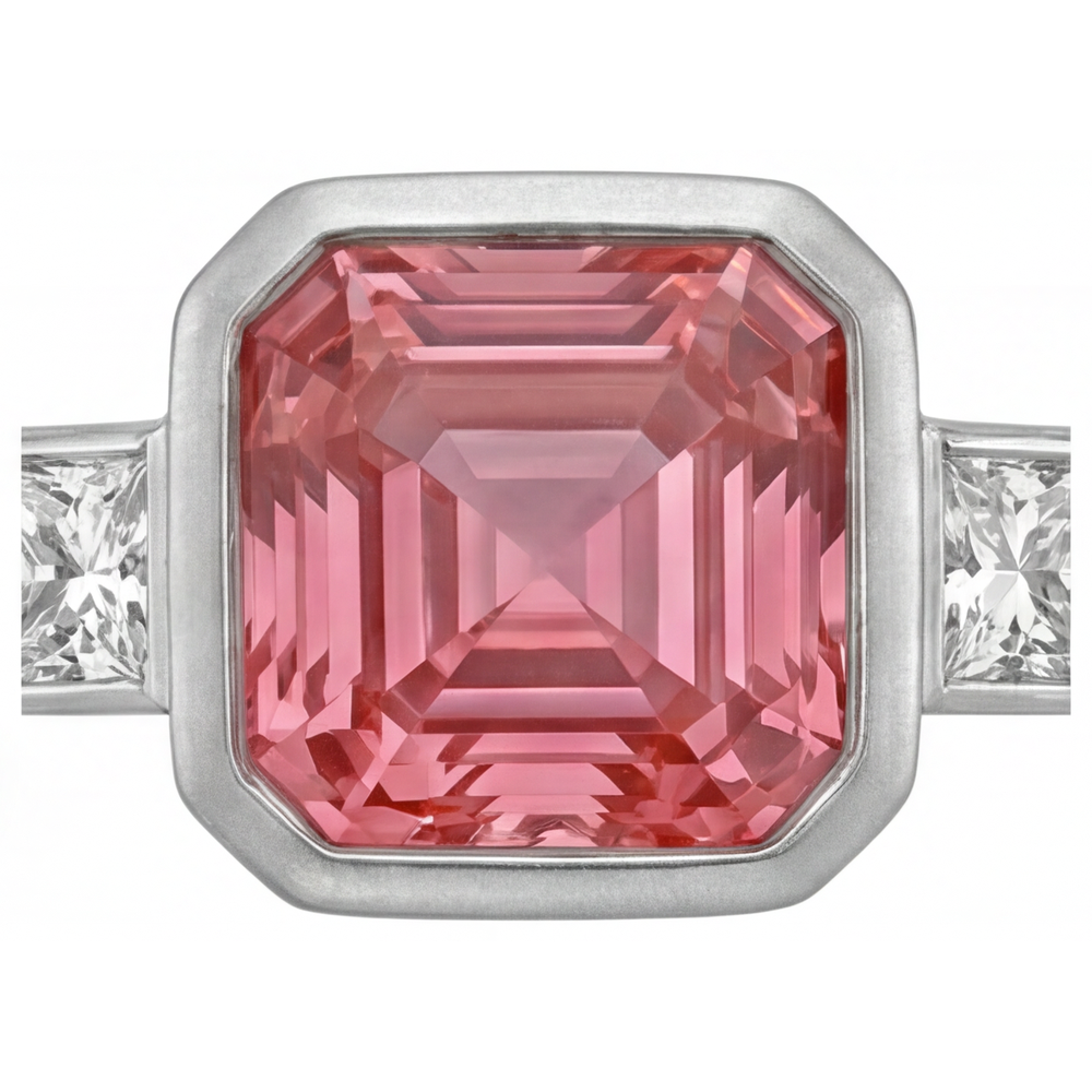 Verlobungsring mit pfirsichfarbenem Saphir, 2,9 Karat natürlicher Asscher-Padparadscha und weiße Baguette-Lünette, Drei-Stein, 14 Karat Gold