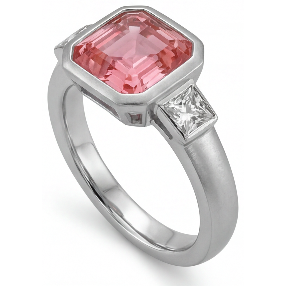 Verlobungsring mit pfirsichfarbenem Saphir, 2,9 Karat natürlicher Asscher-Padparadscha und weiße Baguette-Lünette, Drei-Stein, 14 Karat Gold
