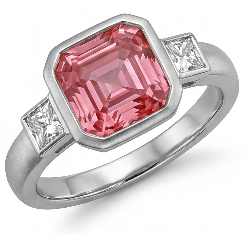 Verlobungsring mit pfirsichfarbenem Saphir, 2,9 Karat natürlicher Asscher-Padparadscha und weiße Baguette-Lünette, Drei-Stein, 14 Karat Gold